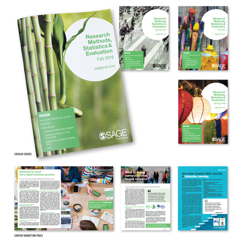 Research Methods catalog covers and content marketing page designs for SAGE Publishing.
